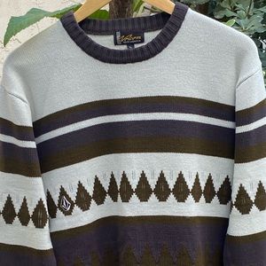 Volcom Crewneck Sweater in Light Gray, Dark Brown & Navy Stripes